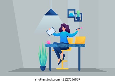 Young Girl is Sitting on a Chair at the Table. Designer Draws on a Tablet. Creative Freelancer. Concept of web design.