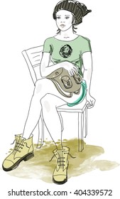 Young girl sitting on a chair. Vector.