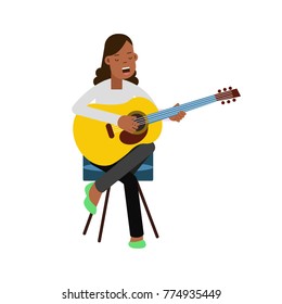 Young Girl Sitting On The Chair, Playing Acoustic Guitar And Singing. Pop Music Singer, Happy Artist. Vector Flat Cartoon Character Isolated On White.