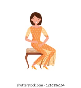 Young girl sitting on classic wooden chair with soft trim. Smiling woman in beautiful dress. Flat vector design
