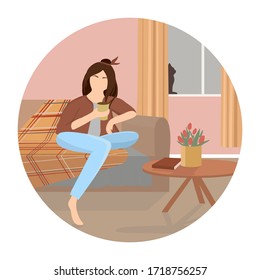Young girl sitting on the comfortable coach and drinking tea or coffee in room. Woman spending evening time at home. Colored vector illustration in flat cartoon style. Daily life and everyday routine