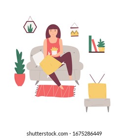 Young girl sitting on a couch, eating popcorn and watching television. Vector illustration