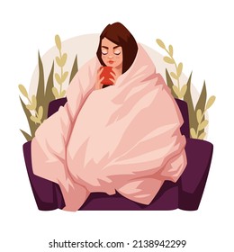Young girl sitting on the couch wrapped in a blanket and drinking a hot drink. Leisure, rest, coffee, tea, comfort. Women's routine,
everyday life concept. Vector illustration.