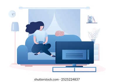 Young girl is sitting on the couch. Woman user is holding a controller and playing a video game on TV. Living room interior with furniture. Trendy style vector illustration