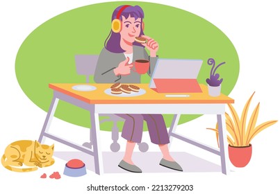 Young Girl Sitting on Desk Putting Ear phone Working with her Tablet and Enjoying Cup of Coffee and Cookies Modern Flat Illustration Concept