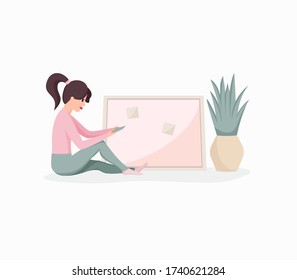 Young Girl Sitting On Floor And Making Planning, Dreams Vision Board. Woman Create Work Project Or Presentation At Home. Female Cartoon Character. Colorful Vector Illustration For Advertisement