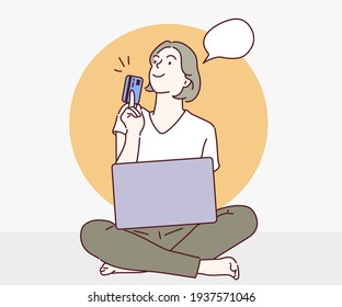 Young girl sitting on the floor and she thinking about purchasing through the internet, she spends via credit card. Hand drawn in thin line style, vector illustrations.