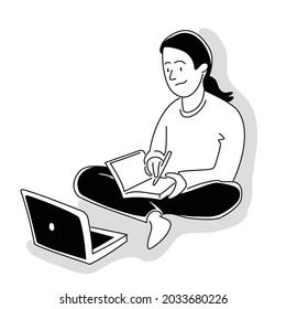 Young girl sitting on the floor, looking at computer and writing on notebook. Online Education, Home Schooling and e-Learning related illustration with editable stroke.