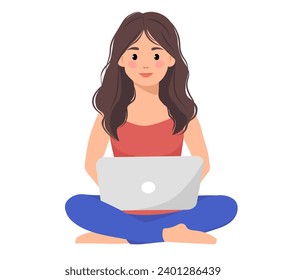 Young girl with  sitting on the floor and working with laptop. Vector illustration