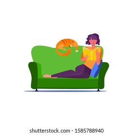 Young girl sitting on green couch and reading book. Girl in casual outfit and cat on sofa flat vector illustration. Hobby and relaxation concept for banner, website, landing page