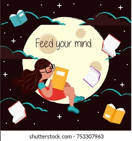 Young girl sitting on moon in clouds reading a book. Feed your brain with knowledge. Big idea, motivation, balance, thoughtful, mindfulness, education, business concept illustration vector.