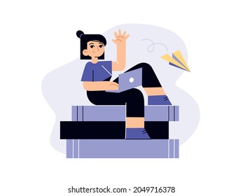 Young girl sitting on pile of books and using laptop. Flat illustration of e learning and tutorial concept.
