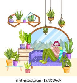 Young girl sitting on the sofa surrounded by the houseplants, tropical leaves, and succulents. Indoor garden illustration with potted plants in macramé hangers. Vector stock illustration isolated.