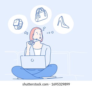 Young girl sitting on the sofa and she thinking about purchasing through the internet, she spends via credit card. Hand drawn in thin line style, vector illustrations. 