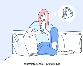 Young girl sitting on the sofa and she thinking about purchasing through the internet, she spends via credit card by mobile app. Hand drawn in thin line style, vector illustrations. 