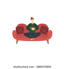 Young girl is sitting on sofa in her pajamas. Cozy illustration. Quarantine concept. Staying at home, taking care of your health, self-isolation. Coronavirus pandemic, covid-19