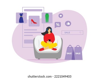 Young girl sitting on a sofa doing online shopping through her smartphone, choosing dresses, heels, and pants on sale season. Concept of online shopping. Shop from home. Flat vector illustration.