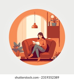 young girl sitting on the sofa reading a book