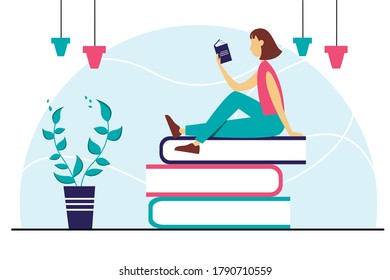 Junge Mädchen sitzt auf einem Stapel Bücher. Dame liest eine interessante Geschichte. Cute Vektorgrafik in einem flachen Stil. Lernen oder Hobby-Konzept. 
