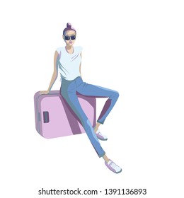 A young girl is sitting on a suitcase in the waiting room of the station, airport. Ride, trip. Character traveler. Vector illustration in cartoon style. 