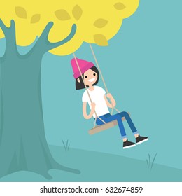 Young girl sitting on the swing / editable flat vector illustration