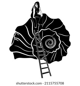 Young girl sitting on top of a spiral seashell and a stepladder leading to it. Creative funny concept. Leave your comfort zone. Black and white silhouette.