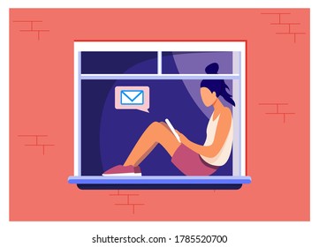 Young girl sitting on window with tablet. Message, mail, teenager flat vector illustration. Communication and digital technology concept for banner, website design or landing web page