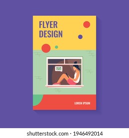 Young girl sitting on window with tablet. Message, mail, teenager flat vector illustration. Communication and digital technology concept for banner, website design or landing web page