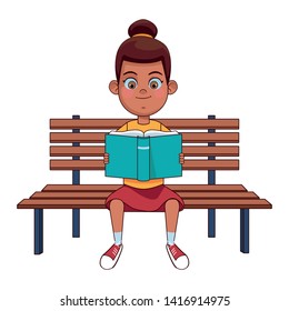 young girl sitting on a wooden bench reading a book avatar cartoon character vector illustration graphic design