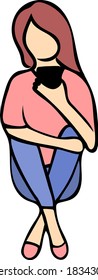 A young girl is sitting with a phone in her hand. Isolate. Element, icon. Minimalistic vector illustration of cartoon flat style, hand drawing. Concept of online applications and orders.