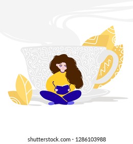 Young girl sitting and reading flat vector illustration. Female cartoon character with book. Cup with hot tea isolated on white background. Hobby and pastime. Autumn and winter coziness, recreation