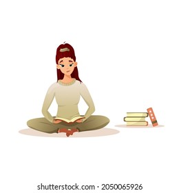 A young girl is sitting and reading an interesting book. Learning and development through books. Comfortable homeschooling. Cozy cartoon illustration