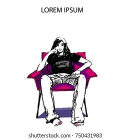 A young girl is sitting in a red chair. Vector hand-drawn sketch