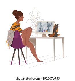 Young Girl Sitting at Table Communicating with Friends via Video Call on Computer Vector Illustration