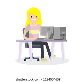 Young girl sitting at the table with the computer. online student training. woman typing message to friends on social networks. freelancer work - Cartoon flat illustration
