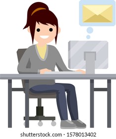 Young girl sitting at table with computer and working on the Internet. Chat with friends. Sending letters - cartoon flat illustration. Study and freelance