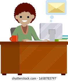 Junge Mädchen sitzt am Tisch mit Computer und arbeitet im Internet. Schreiben senden - Cartoon-Flachbild-Illustration. Studieren und freiberuflich. Chat mit Freunden