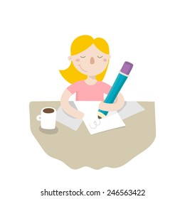 Young girl sitting at the table and draws a picture, isolated on white background