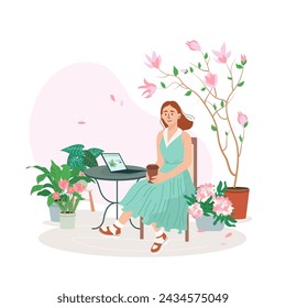 Young girl sitting at a table and drinking a coffee, tropical plants and blossom flowers are around. Spring vector illustration excellent for the design of postcards, posters, stickers and so on.