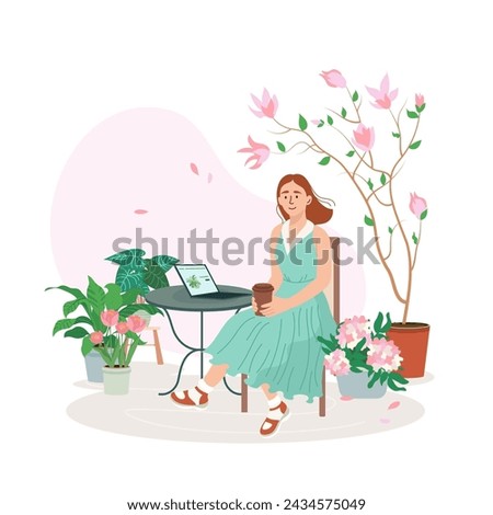 Young girl sitting at a table and drinking a coffee, tropical plants and blossom flowers are around. Spring vector illustration excellent for the design of postcards, posters, stickers and so on.