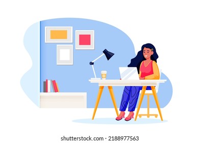 Young girl sitting at the table in home or in office. Woman freelancer works on laptop. Vector flat cartoon businesswoman character illustration. Online education or remote computer work concept