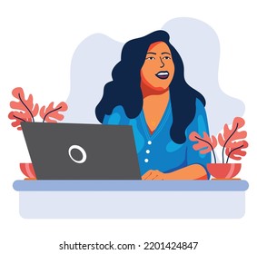 Young girl sitting at the table with Laptop, Teen student Girl Smiling