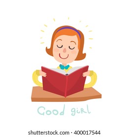 young girl sitting at a table and reading a book On white background