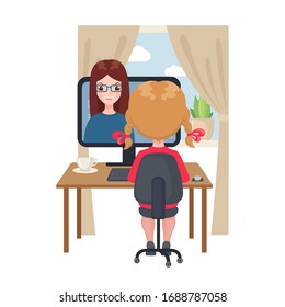 Young girl sitting at a table and studying at the computer at home . Online education concept in cartoon style isolated on white background. Stay at home. Vector illustration