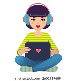  young girl sitting with tablet  vector illustration