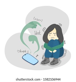 young girl sitting and Trembling with fear of her phone