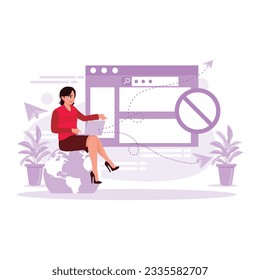 Young girl is sitting and using defrost info in the web window through her laptop. Trend Modern vector flat illustration.