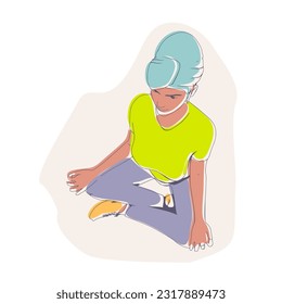 Young girl sitting in yoga lotus pose. Happy relaxed female character performing meditation exercise. Sport fashion girl outline in urban casual style. Top view