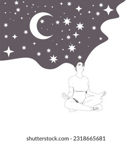 Young girl sitting in yoga lotus pose. Happy relaxed female character performing meditation exercise. Sport fashion girl outline in urban casual style. Dreaming about starlight night