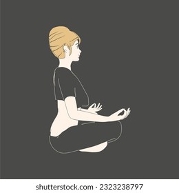 Young girl sitting in yoga lotus pose. Happy relaxed female character performing meditation exercise. Sport fashion girl outline in urban casual style. Side view